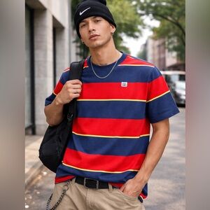 Nike SB Yarn Dye Striped T Shirt Mens M Red Navy Yellow Skate Streetwear Tee